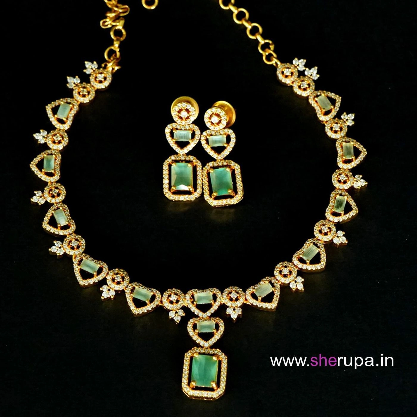 Gold Tone Pastel Green AD Stone Bridal Necklace Set for Women