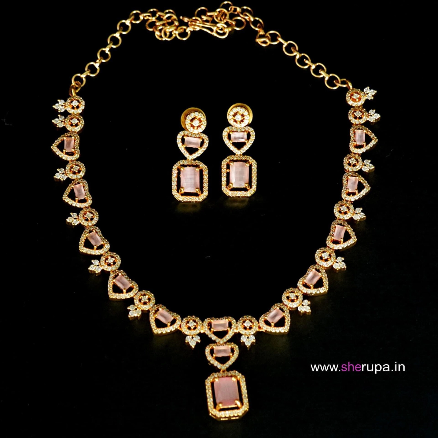 Gold Tone Pink Stone AD Necklace Set for Women 1