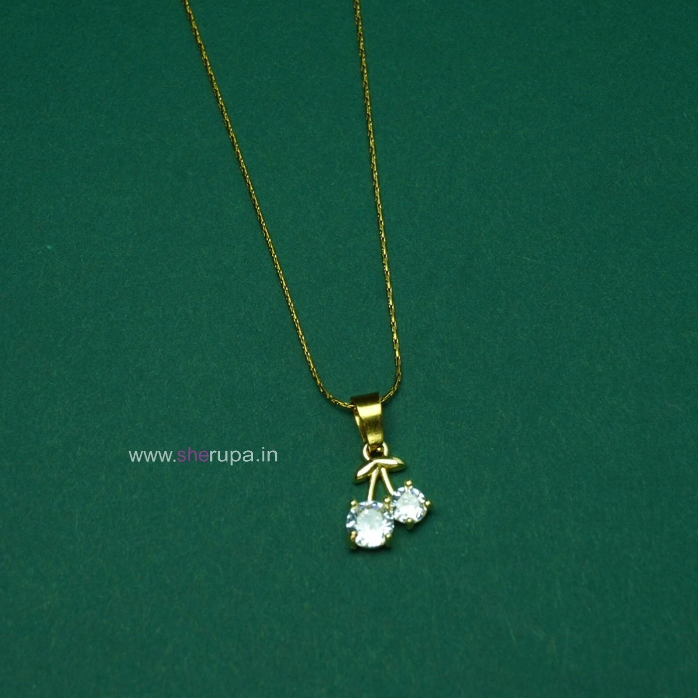 Stainless Steel  Gold Tone Cherry Pendant Necklace – Stylish White Stone Design