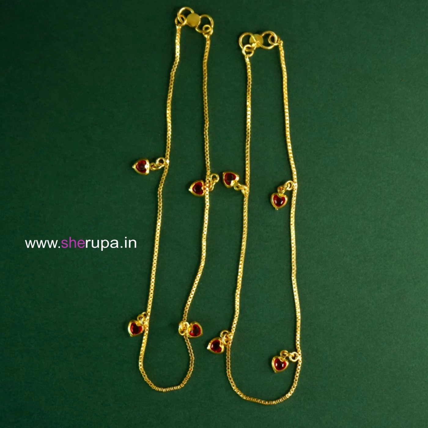 Gold Tone Box Chain Anklet with Ruby-Red Heart-Shaped Stone Charms – 1 Pair (2 Anklets)