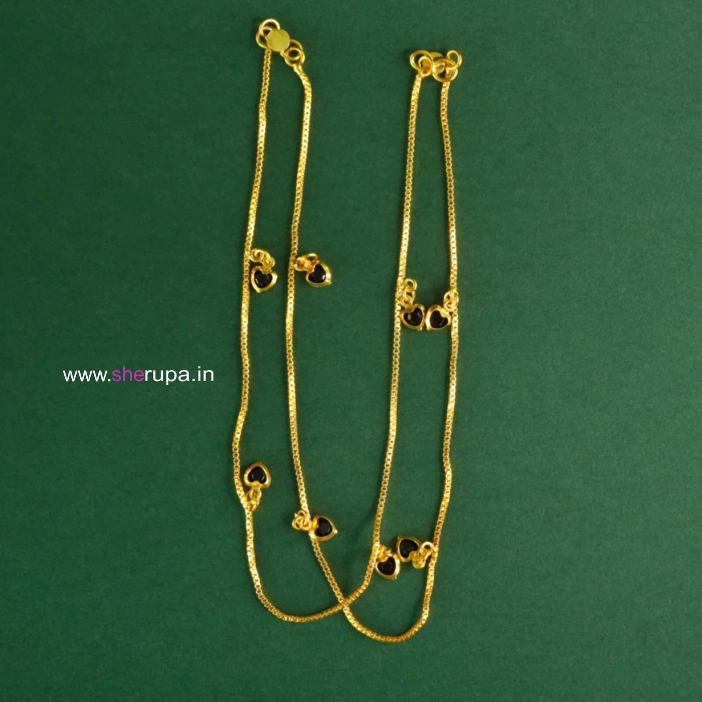 Gold Tone Box Chain Anklet with Black Heart-Shaped Stone Charms – 1 Pair(2 Anklets)