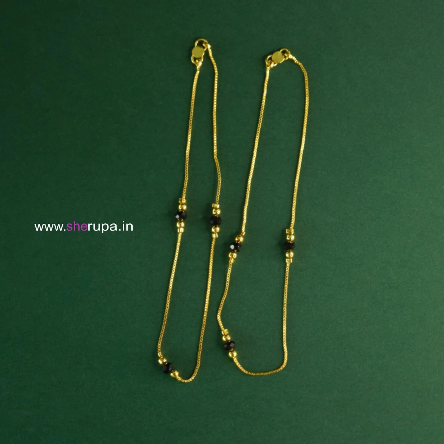 Gold Tone Black Beaded Anklet with Small Metallic Beads | Traditional Padasaram | 1 Pair (2 Anklets)