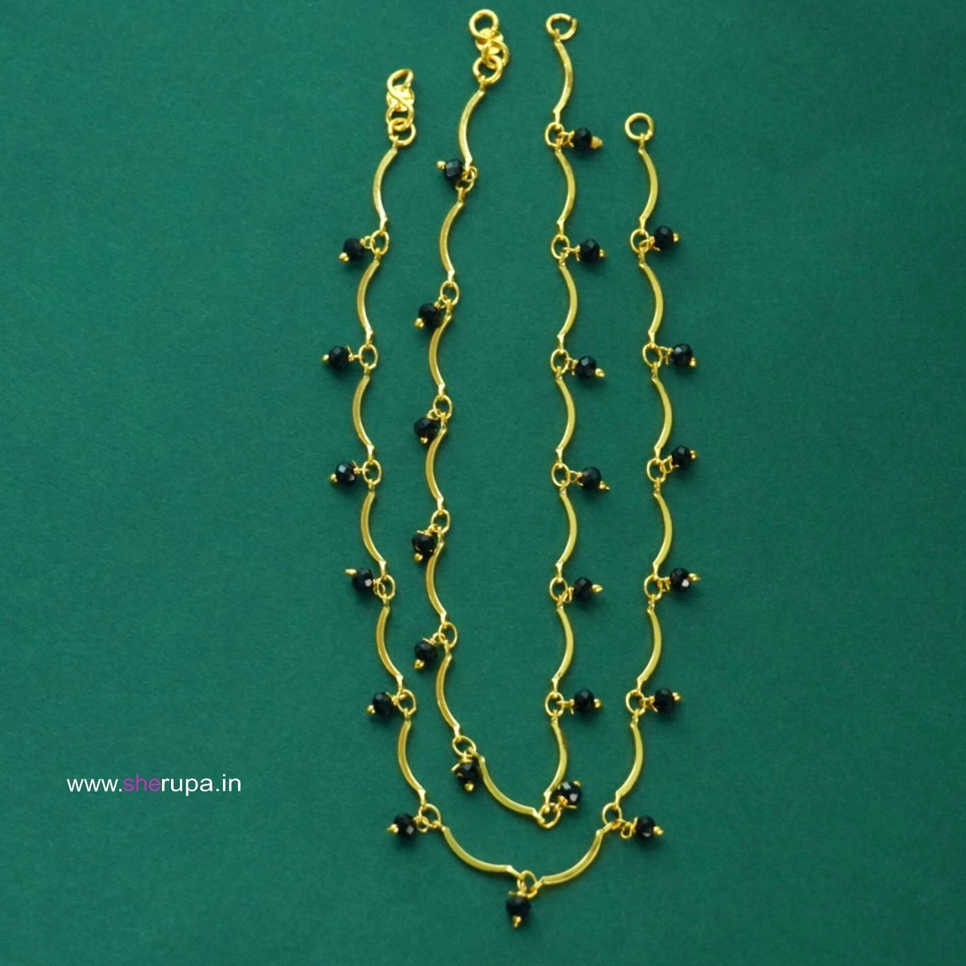 Single Black Bead Gold Tone Hanging Anklet for Women | 1 Pair (2 Anklets)