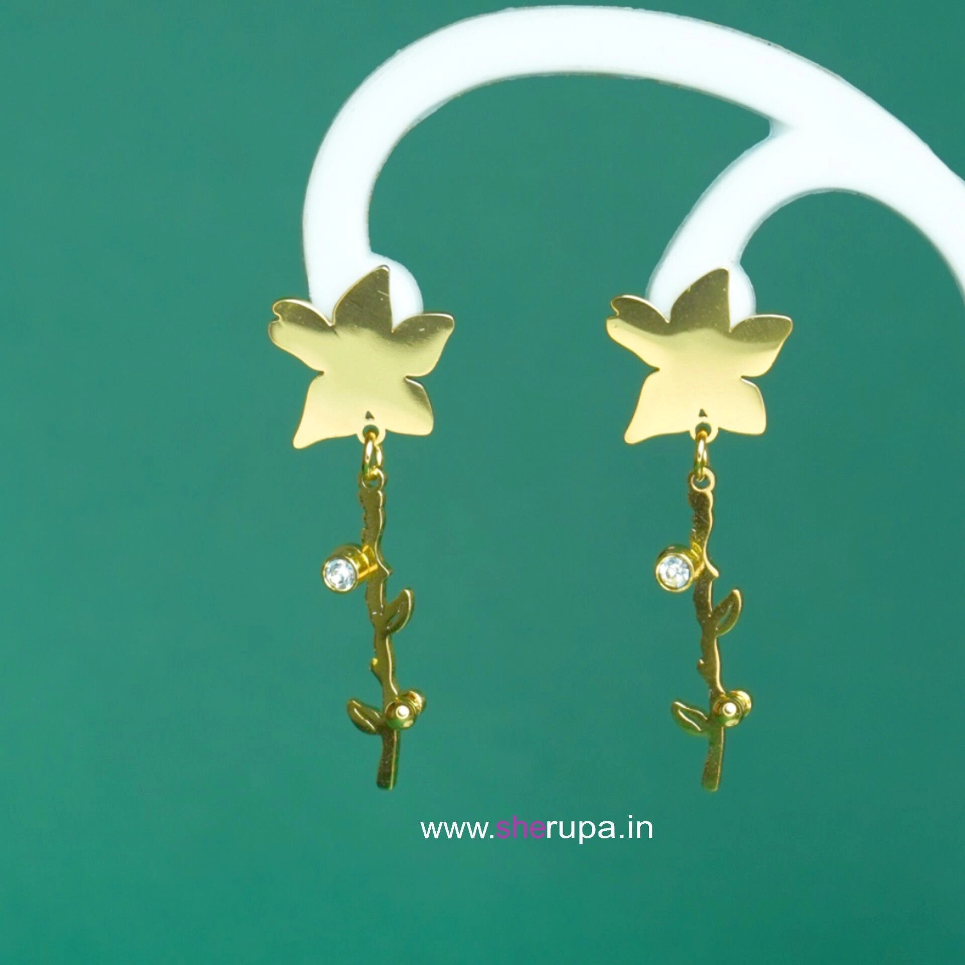 Anti-Tarnish Gold Tone Floral Stud Earrings with Leaf and Stone Drop Design