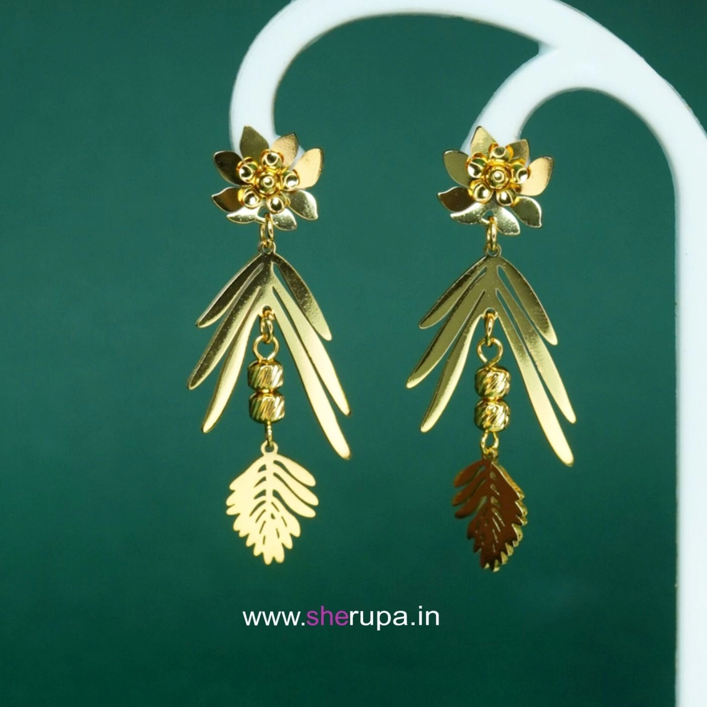 Stainless Steel Gold Tone Floral and Leaf-Shaped Drop Earrings