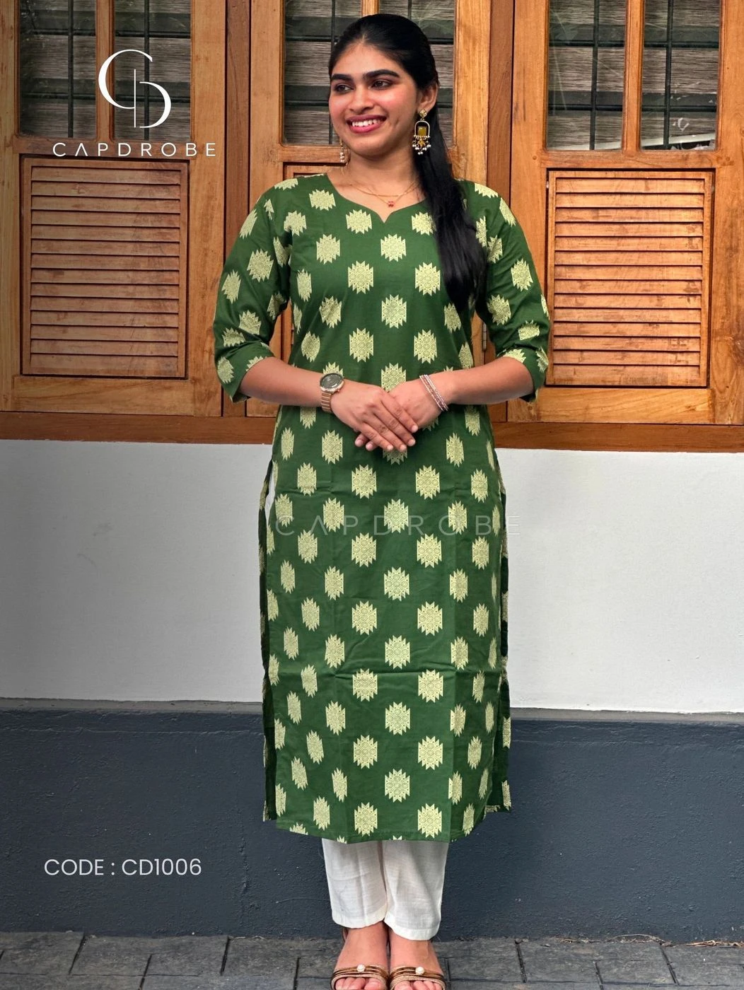 Olive Green Floral Print Cotton Kurti (Top Only) 1