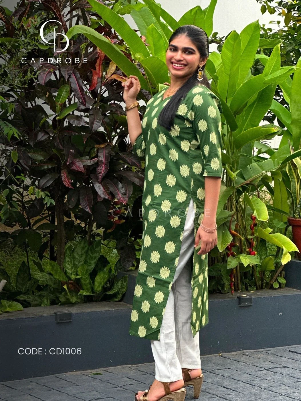 Olive Green Floral Print Cotton Kurti (Top Only) 2