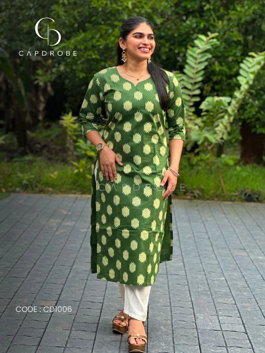 Olive Green Floral Print Cotton Kurti (Top Only) 3