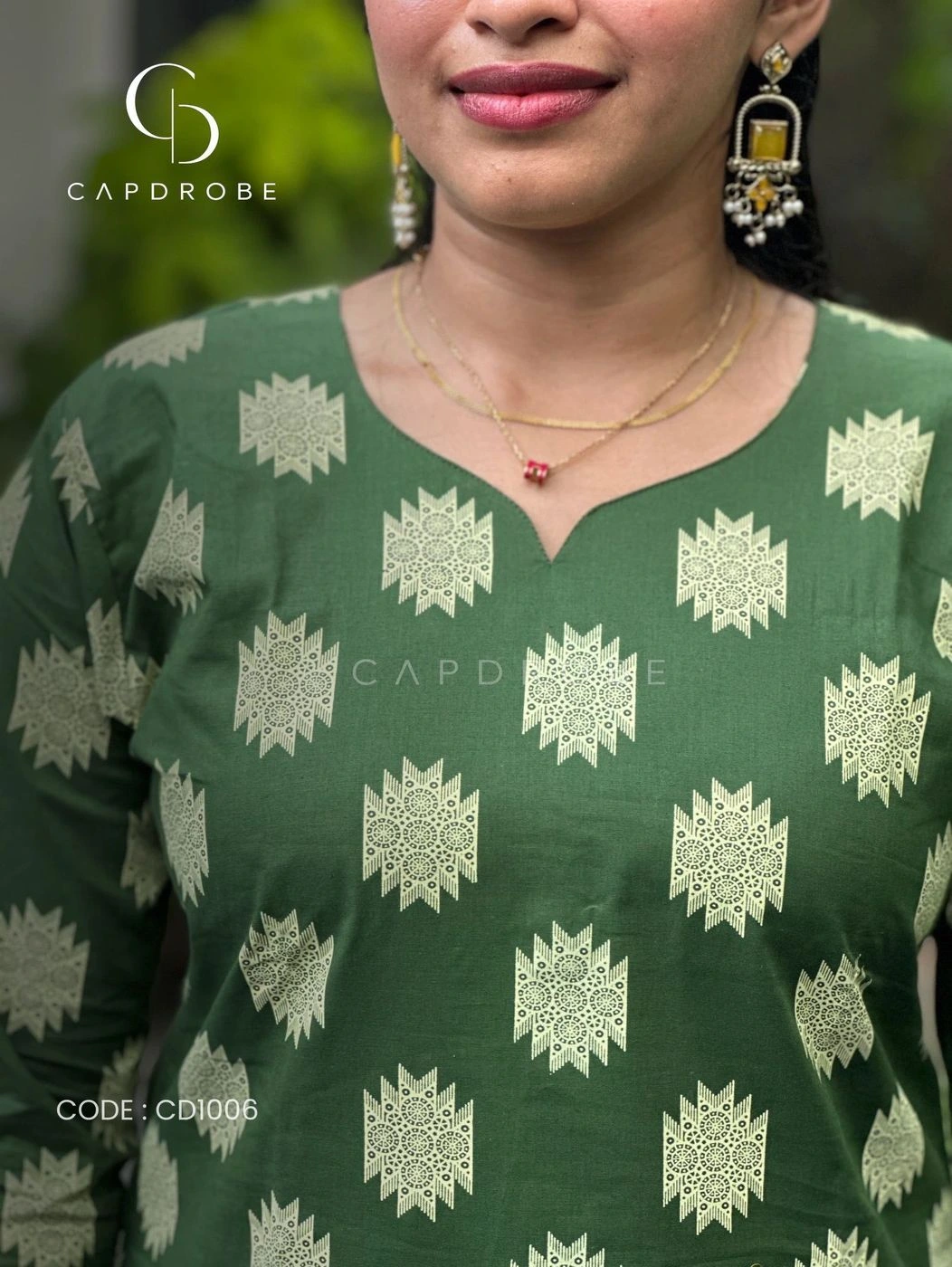Olive Green Floral Print Cotton Kurti (Top Only) 4