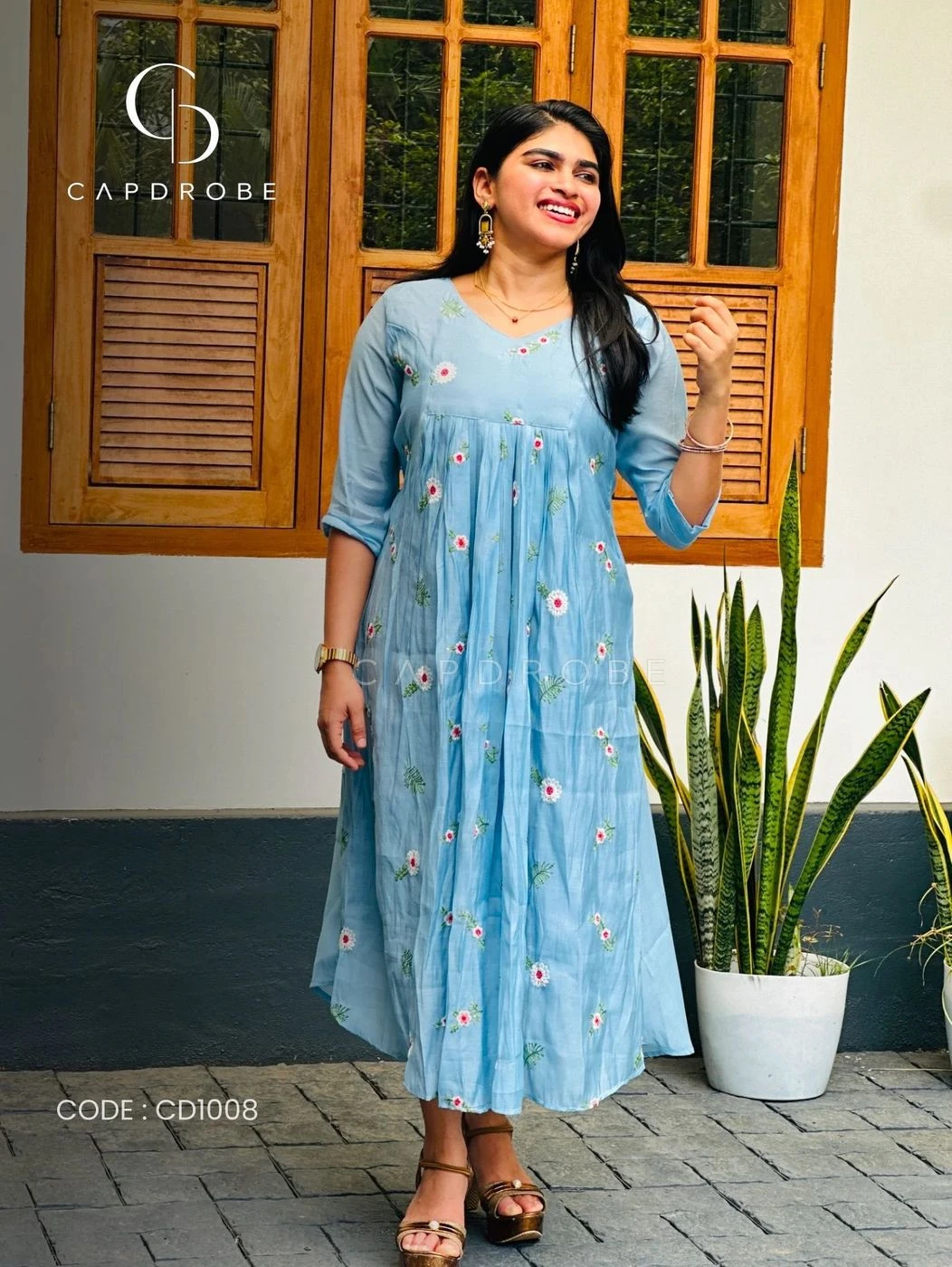 Sky Blue Floral Embroidered Gathered A-Line Kurta | Mul Chanderi 1