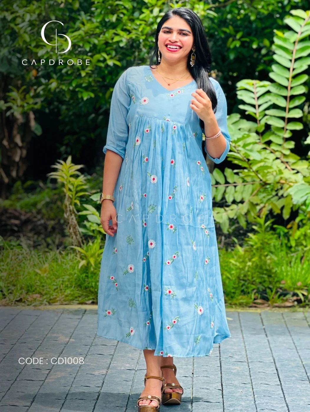 Sky Blue Floral Embroidered Gathered A-Line Kurta | Mul Chanderi 2