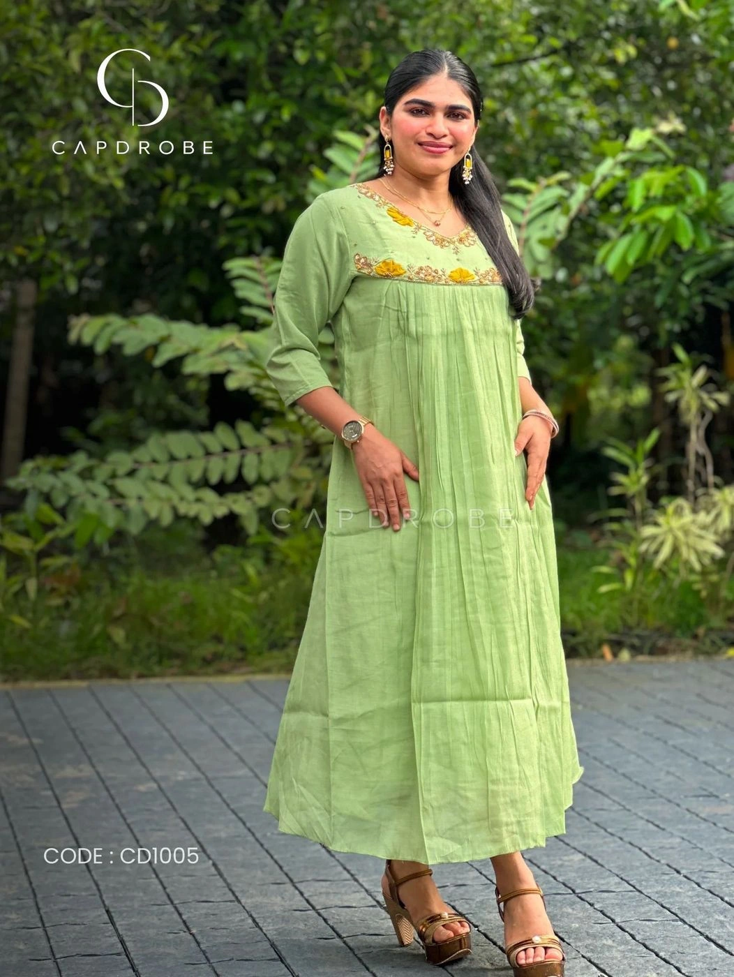 Pistachio Green Embroidered Gathered A-Line Kurta | Mul Chanderi 3