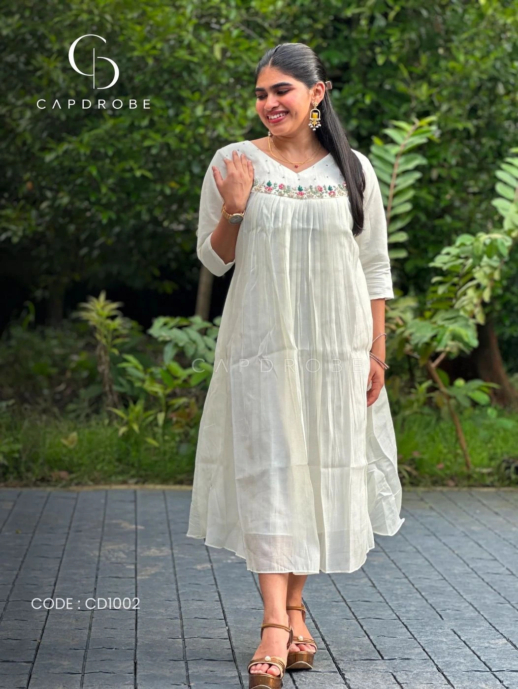 Ivory White Floral Embroidered Gathered A-Line Kurta | Mul Chanderi 1