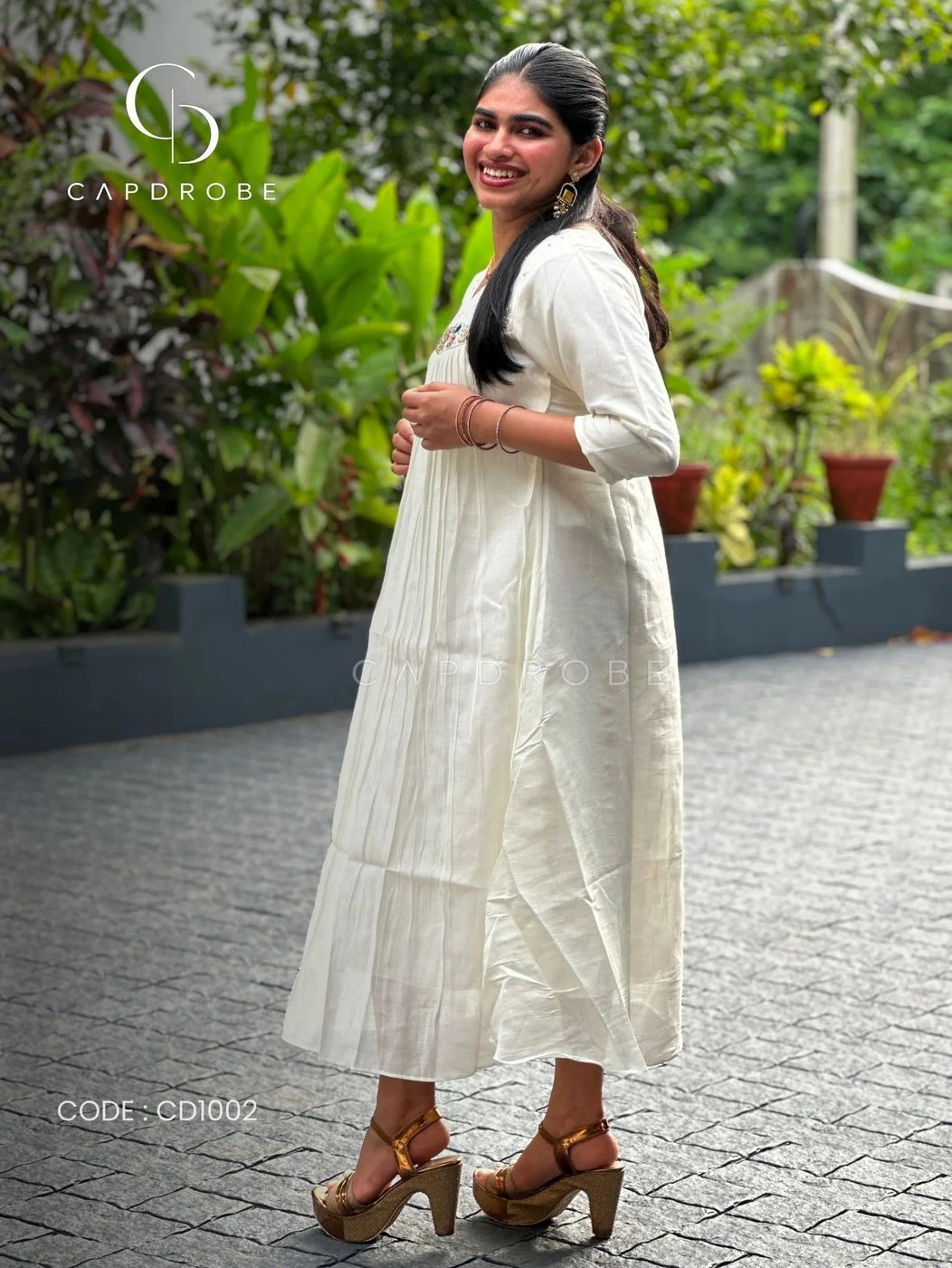 Ivory White Floral Embroidered Gathered A-Line Kurta | Mul Chanderi 3