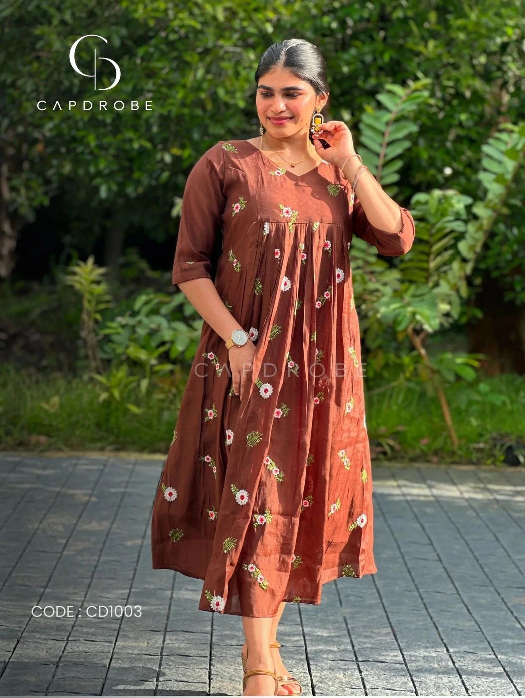 Brown Floral Gathered A-Line Kurta | Mul Chanderi 1