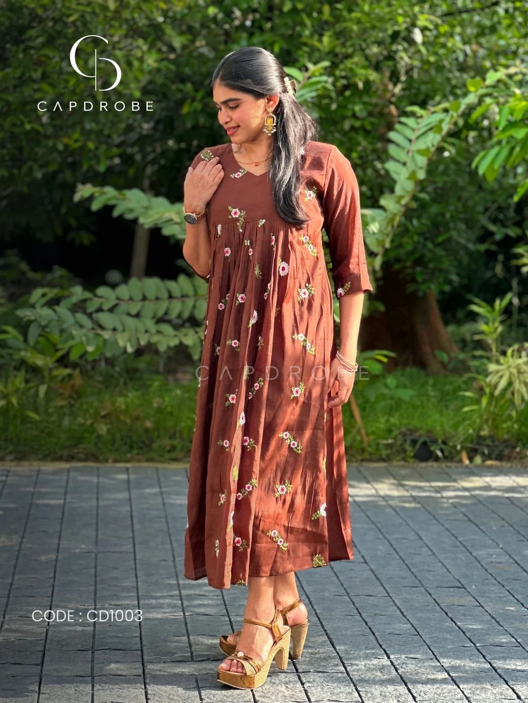 Brown Floral Gathered A-Line Kurta | Mul Chanderi 2