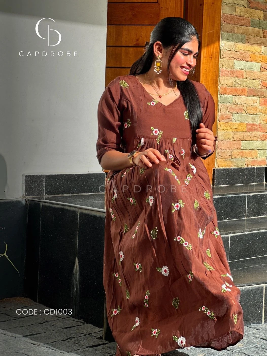 Brown Floral Gathered A-Line Kurta | Mul Chanderi 3