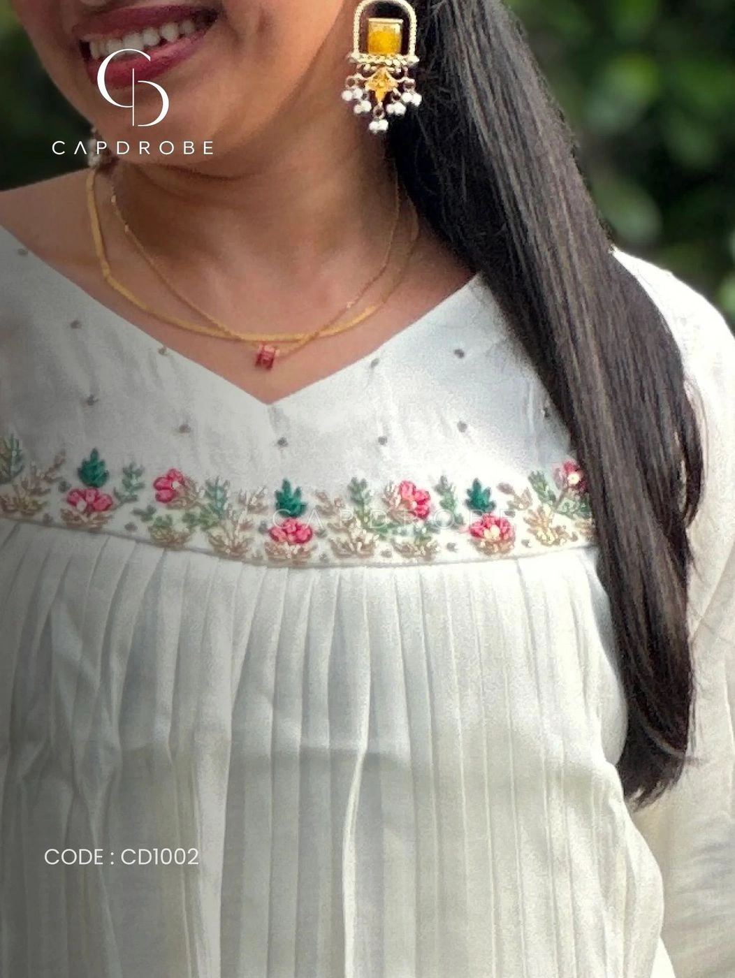 Ivory White Floral Embroidered Gathered A-Line Kurta | Mul Chanderi 4