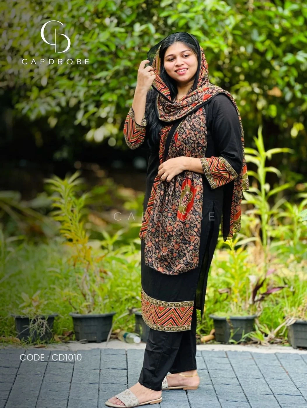 Black Ajrak Print Premium Mul Cotton Kurta Set with Dupatta & Pants 1