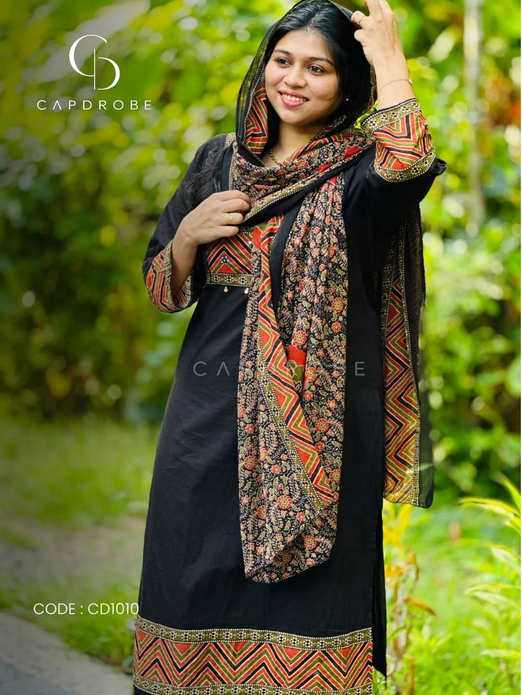 Black Ajrak Print Premium Mul Cotton Kurta Set with Dupatta & Pants 2