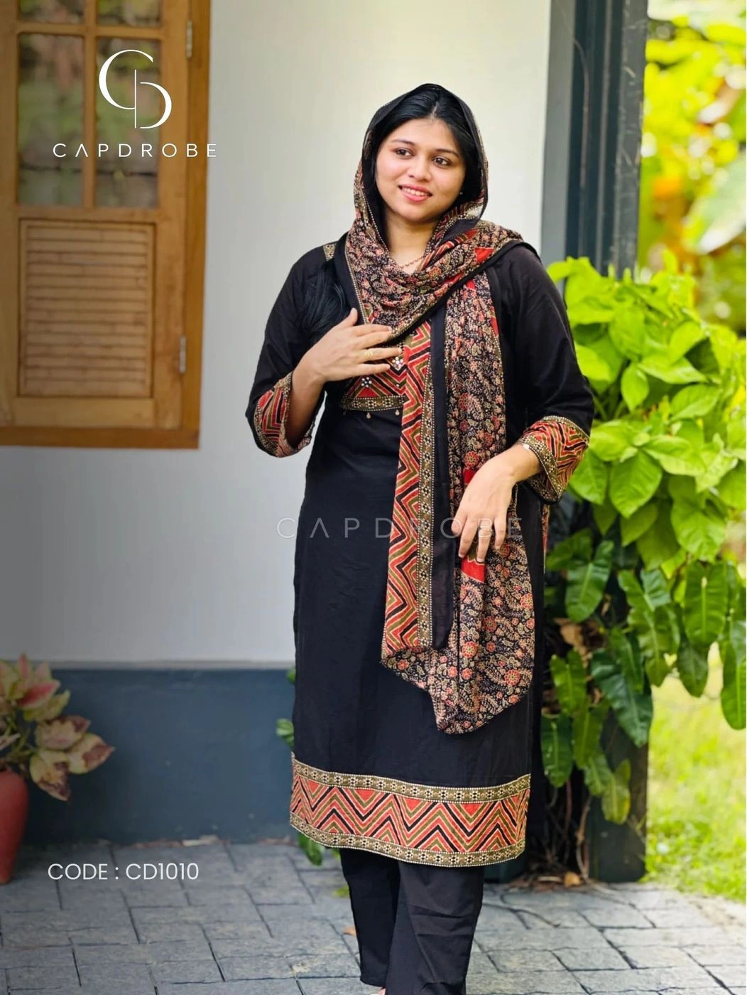 Black Ajrak Print Premium Mul Cotton Kurta Set with Dupatta & Pants 3