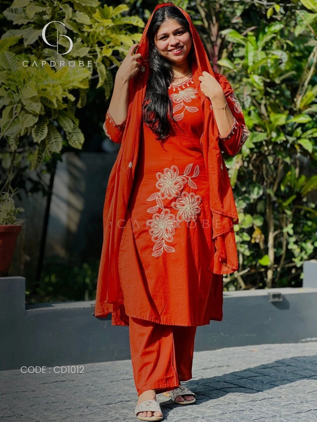 Brick Orange Floral Embroidered Premium Mul Cotton Kurta Set with Dupatta 1