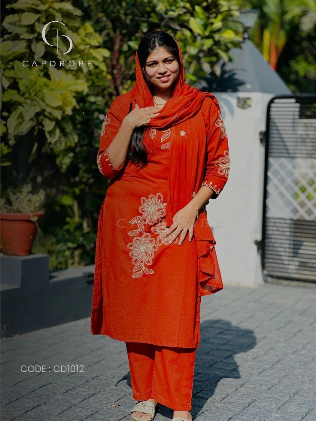 Brick Orange Floral Embroidered Premium Mul Cotton Kurta Set with Dupatta 2