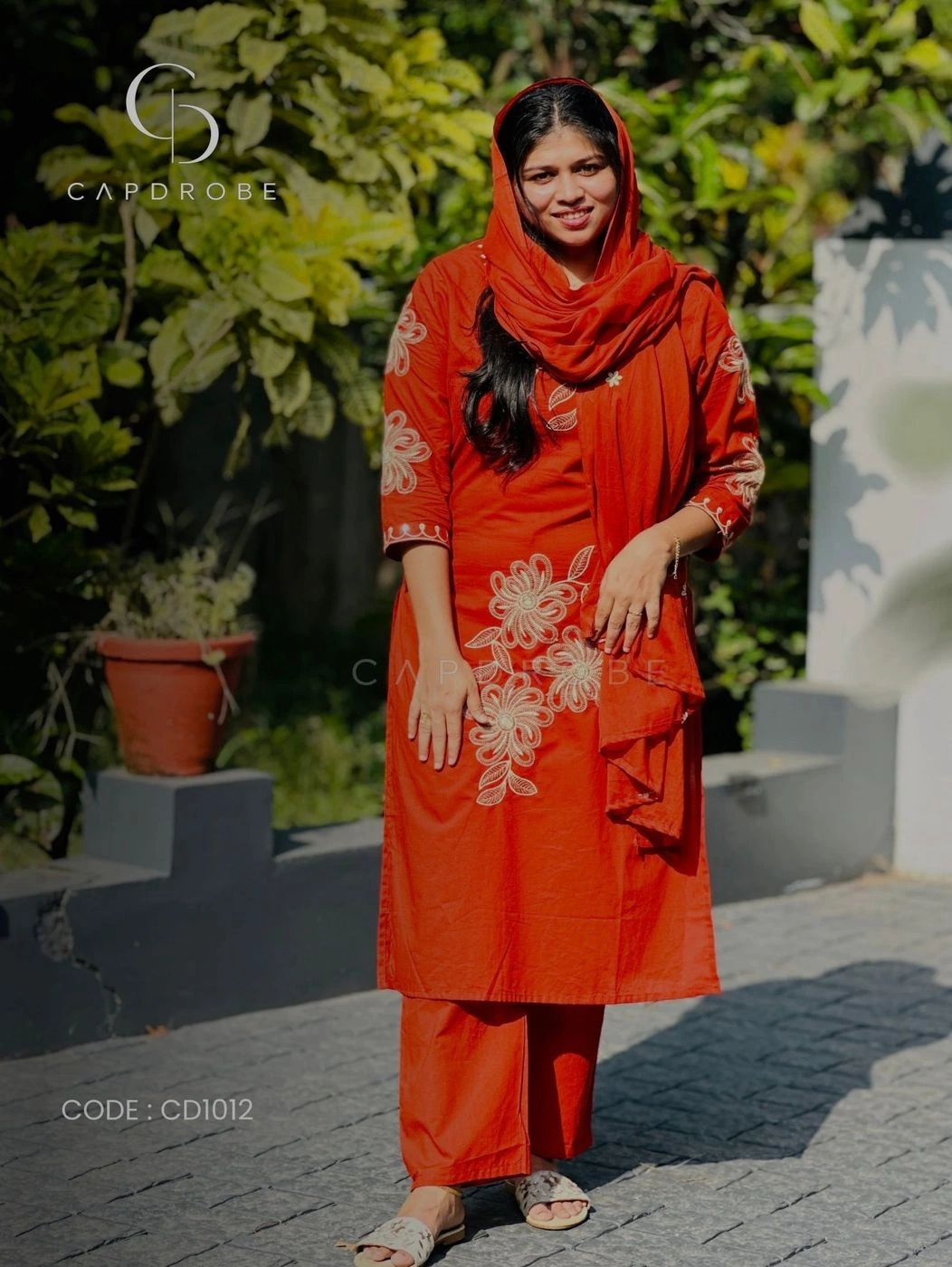 Brick Orange Floral Embroidered Premium Mul Cotton Kurta Set with Dupatta 3