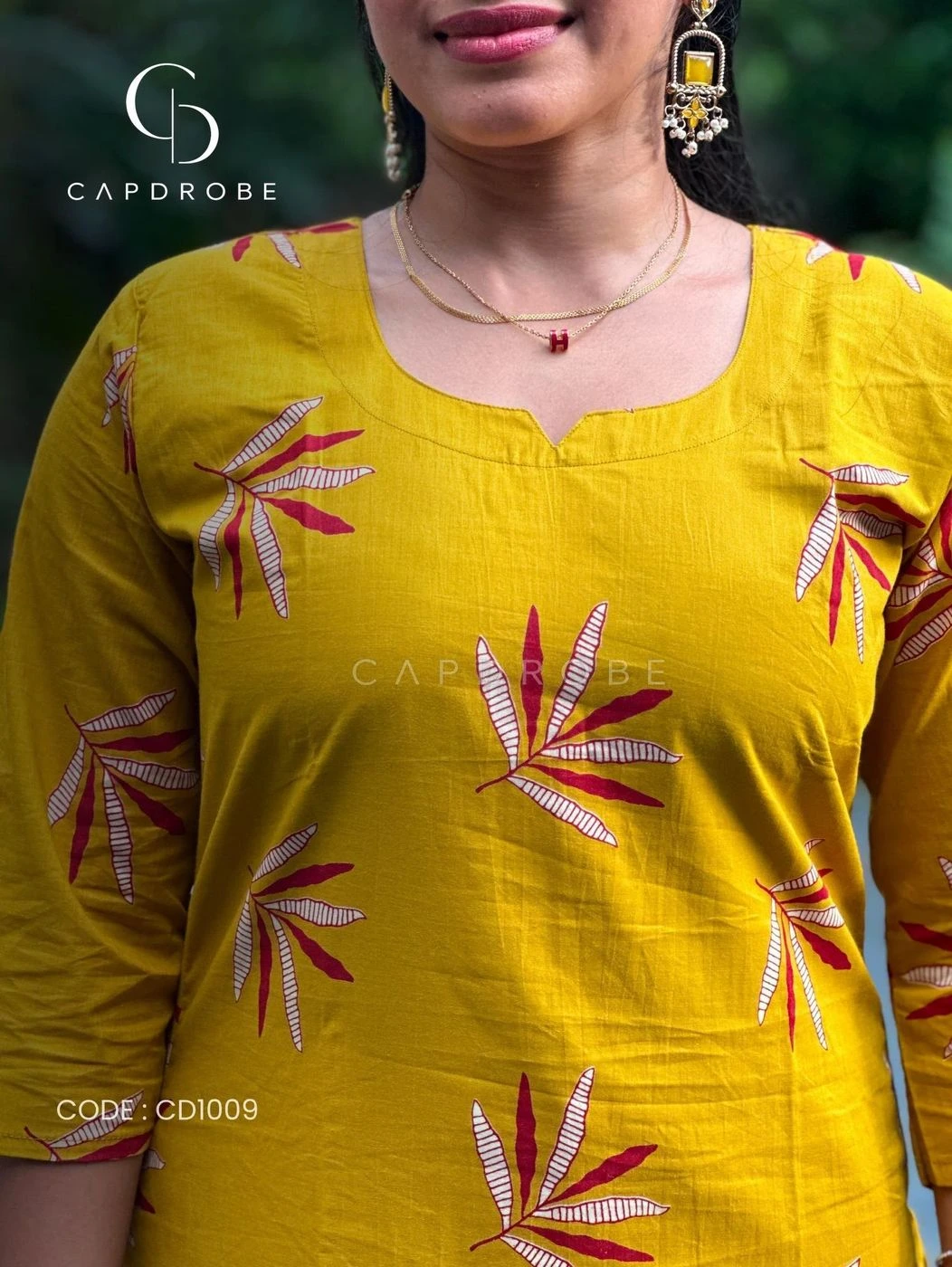 Mustard Yellow Leaf Print Cotton Kurti (Top Only)