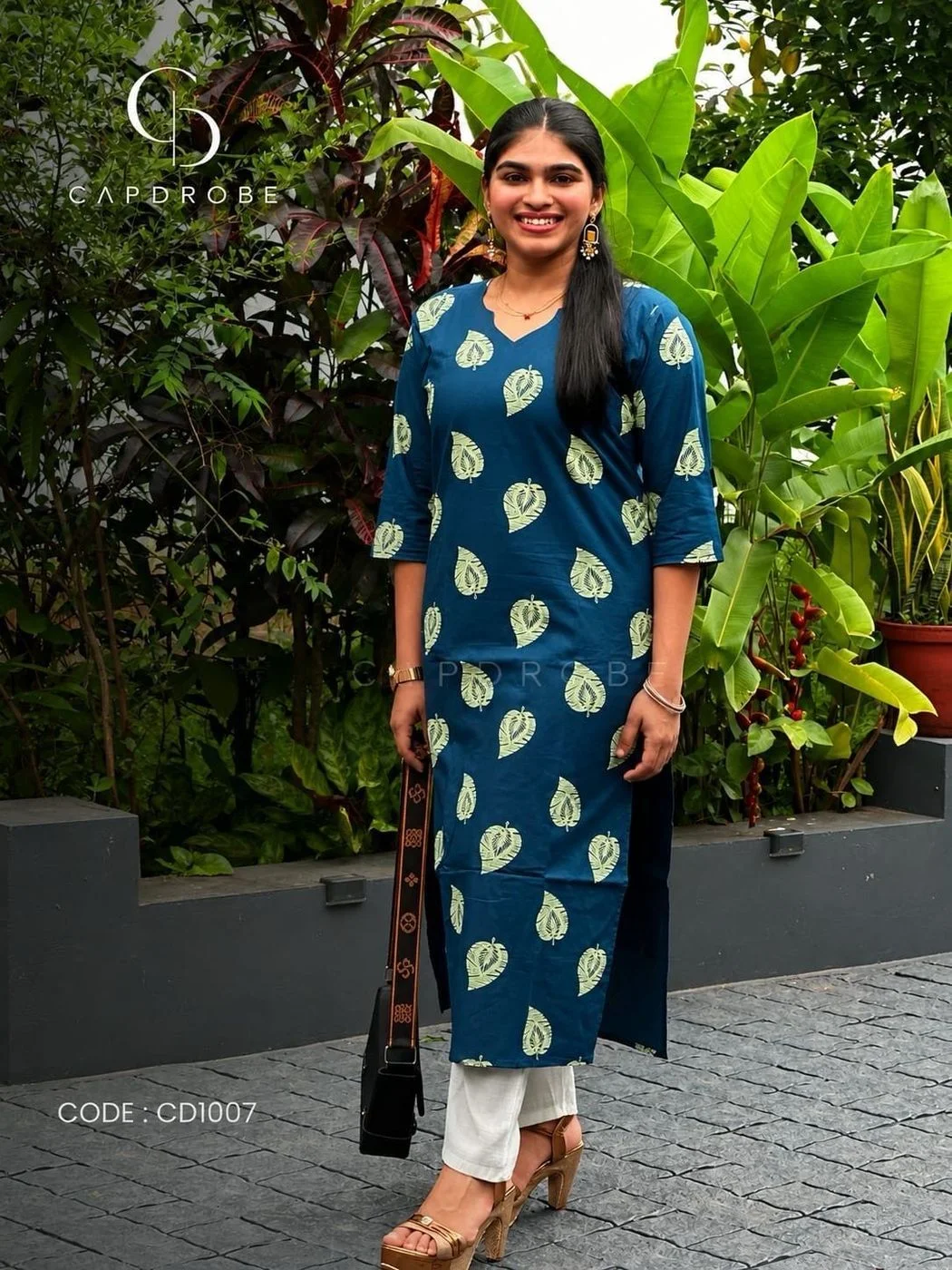 Teal Blue Leaf Print Cotton Kurti (Top Only) 2