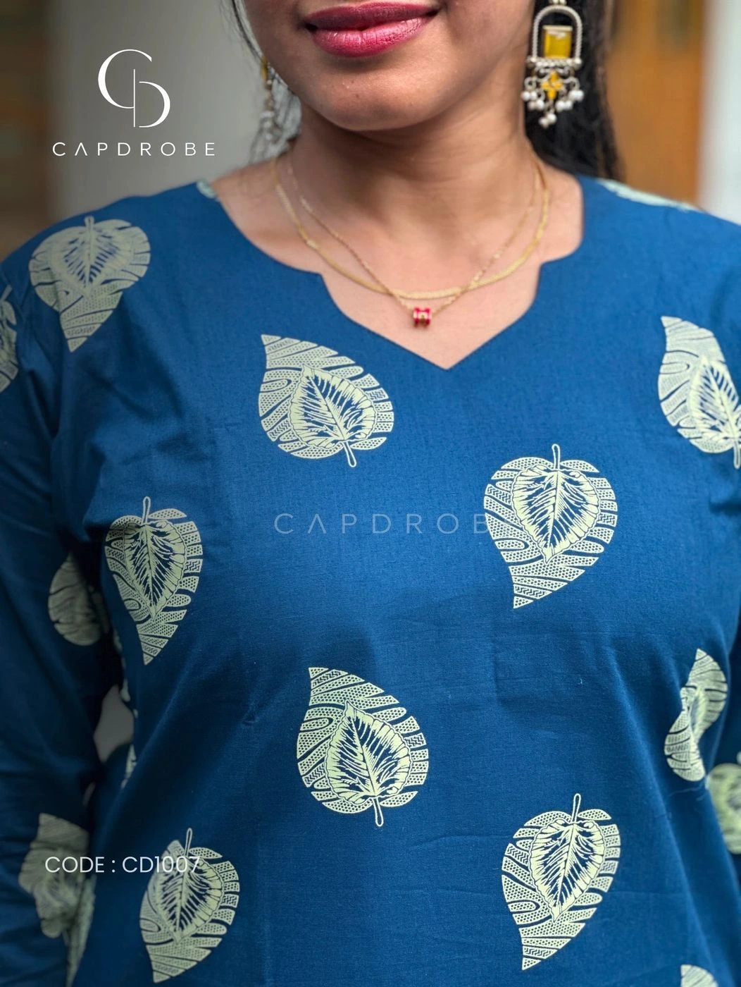 Teal Blue Leaf Print Cotton Kurti (Top Only) 3