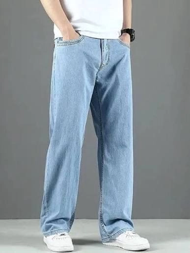 Men Sky Blue Baggy Denim Jeans Solid Clean Distress Casual