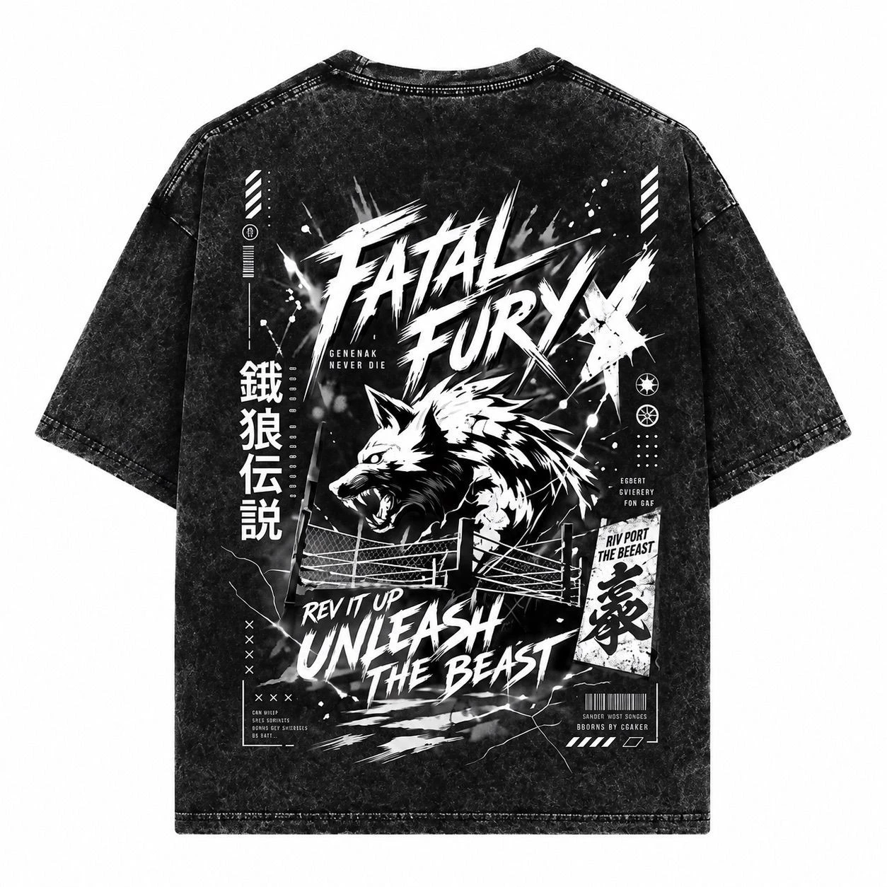 Men’s Black Acid Wash Oversized T-Shirt – Fatal Fury Wolf Graphic Streetwear Tee 3