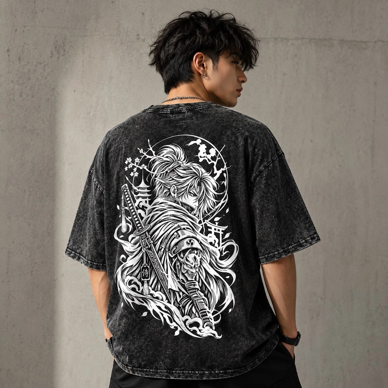 Japanese Samurai Graphic Oversized Acid Wash T-Shirt for Men | Premium Streetwear Tee 1