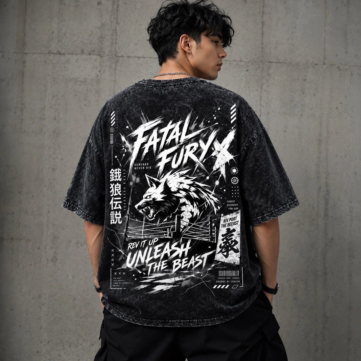 Men’s Black Acid Wash Oversized T-Shirt – Fatal Fury Wolf Graphic Streetwear Tee 1