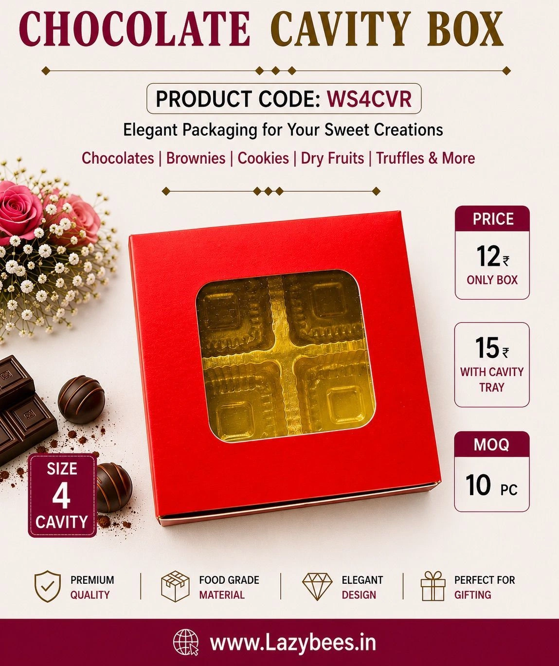 4 Cavity Chocolate Box (With Cavity Tray) 10 pc 1
