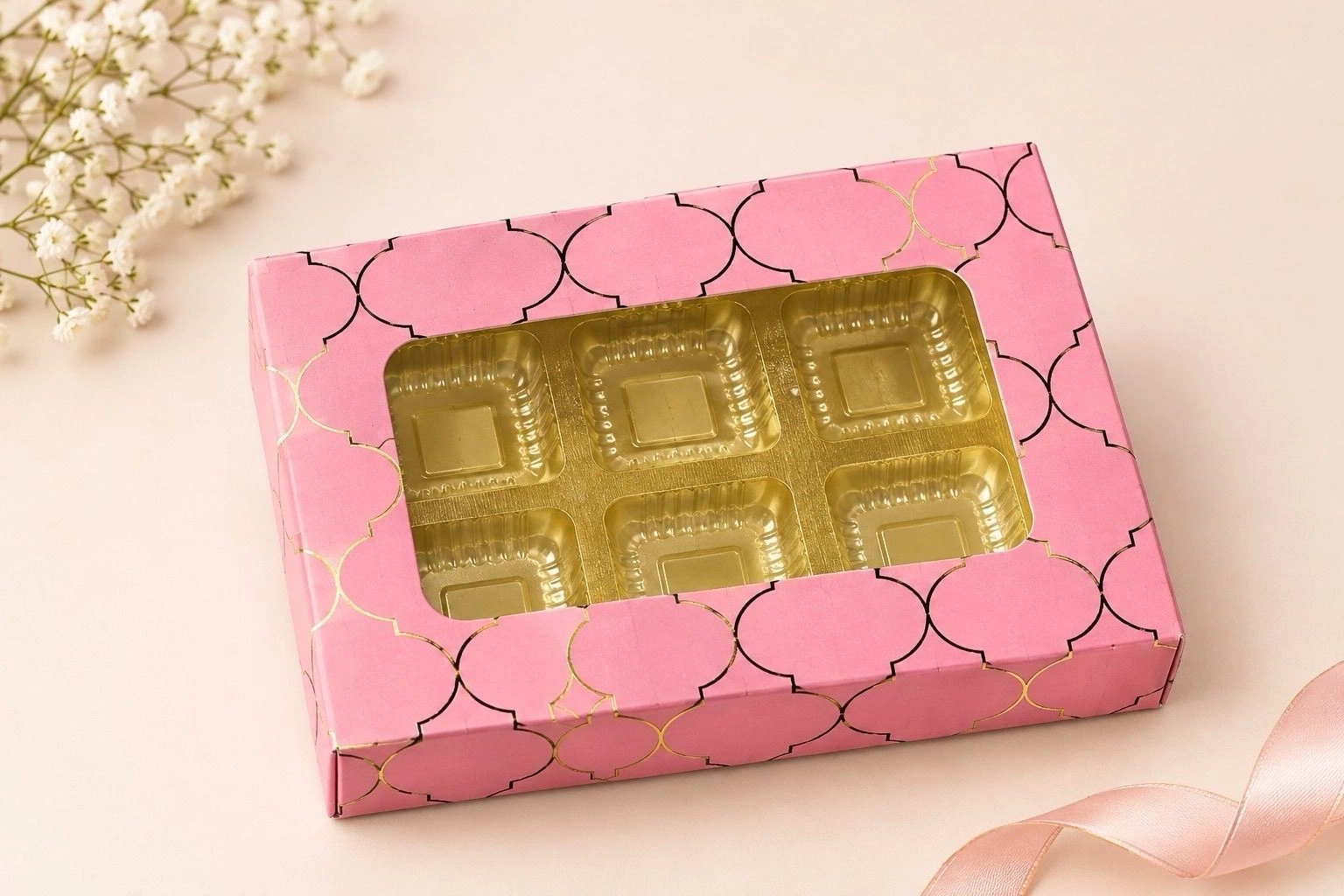 6 Cavity Chocolate Box with Cavity Tray pink and gold foiled Moroccan Design  10 pc Set 1