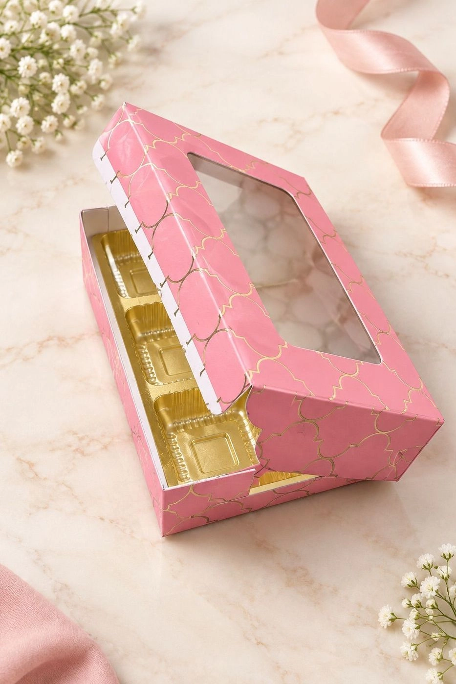 6 Cavity Chocolate Box with Cavity Tray pink and gold foiled Moroccan Design  10 pc Set 2