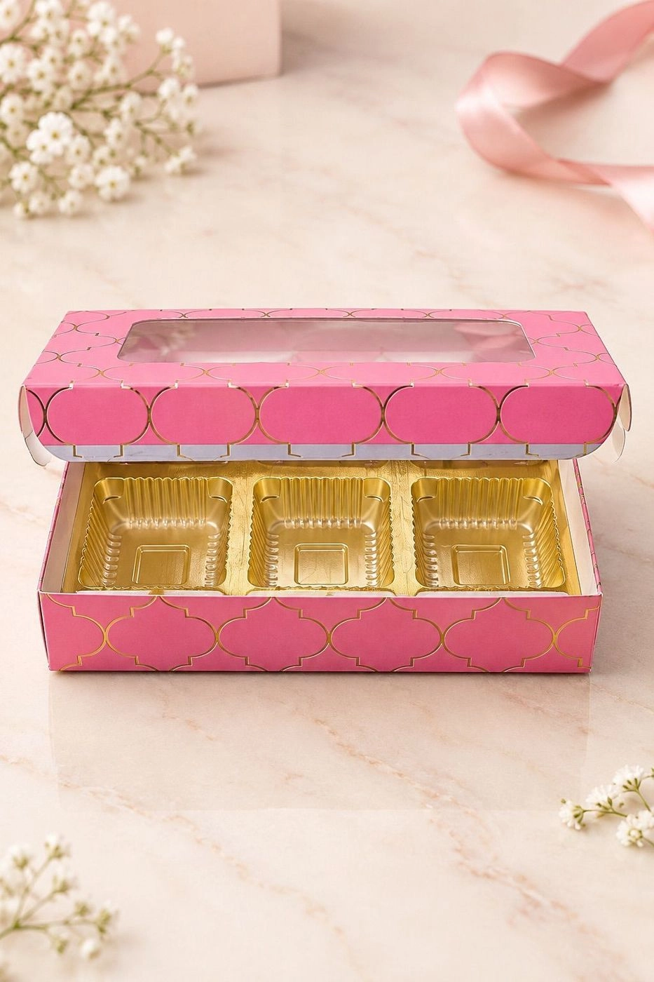 6 Cavity Chocolate Box with Cavity Tray pink and gold foiled Moroccan Design  10 pc Set 3