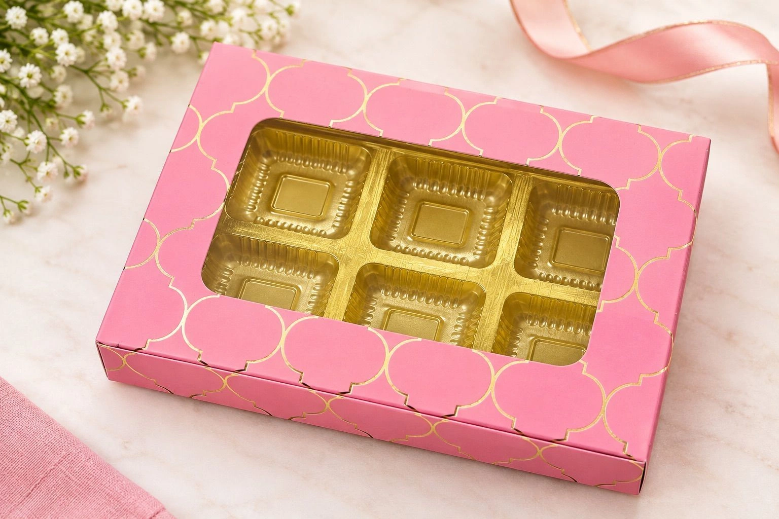 6 Cavity Chocolate Box with Cavity Tray pink and gold foiled Moroccan Design  10 pc Set 4