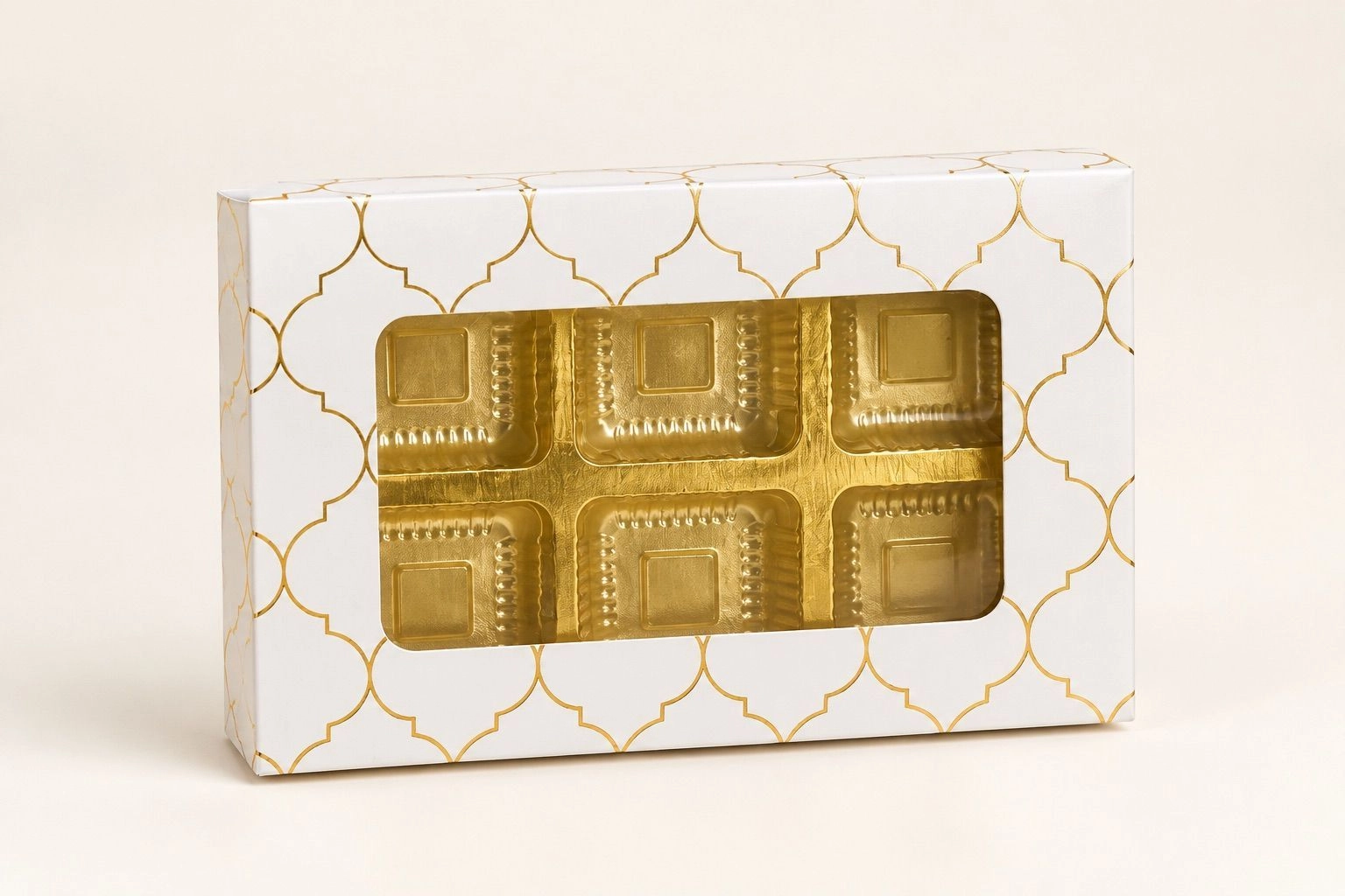 6 Cavity Chocolate Box with Cavity Tray White  and gold foiled Moroccan Design  10 pc Set 1