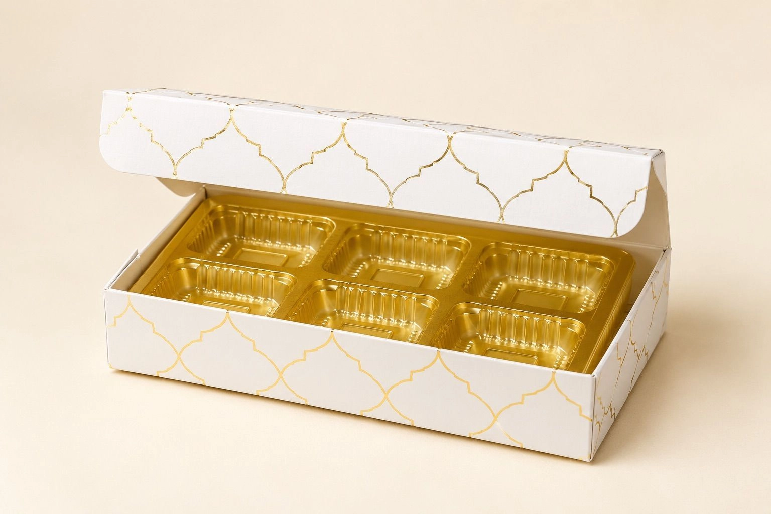 6 Cavity Chocolate Box with Cavity Tray White  and gold foiled Moroccan Design  10 pc Set 2