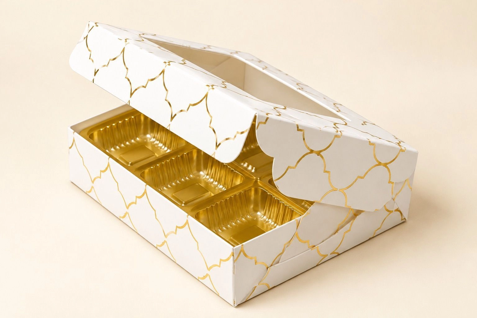 6 Cavity Chocolate Box with Cavity Tray White  and gold foiled Moroccan Design  10 pc Set 3