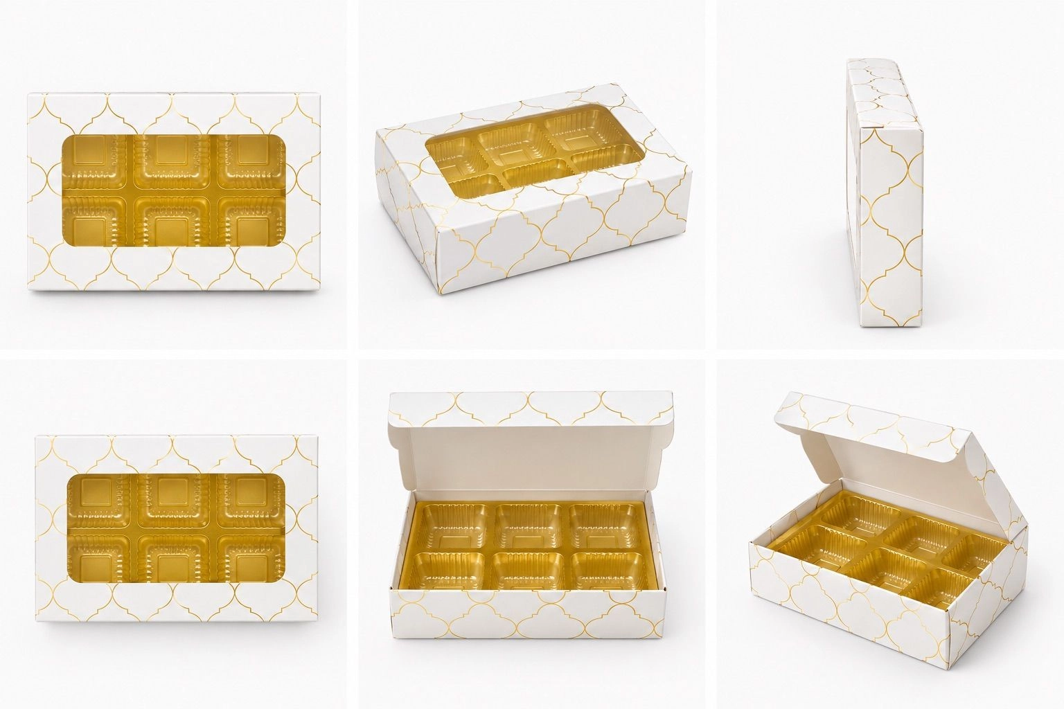6 Cavity Chocolate Box with Cavity Tray White  and gold foiled Moroccan Design  10 pc Set 4