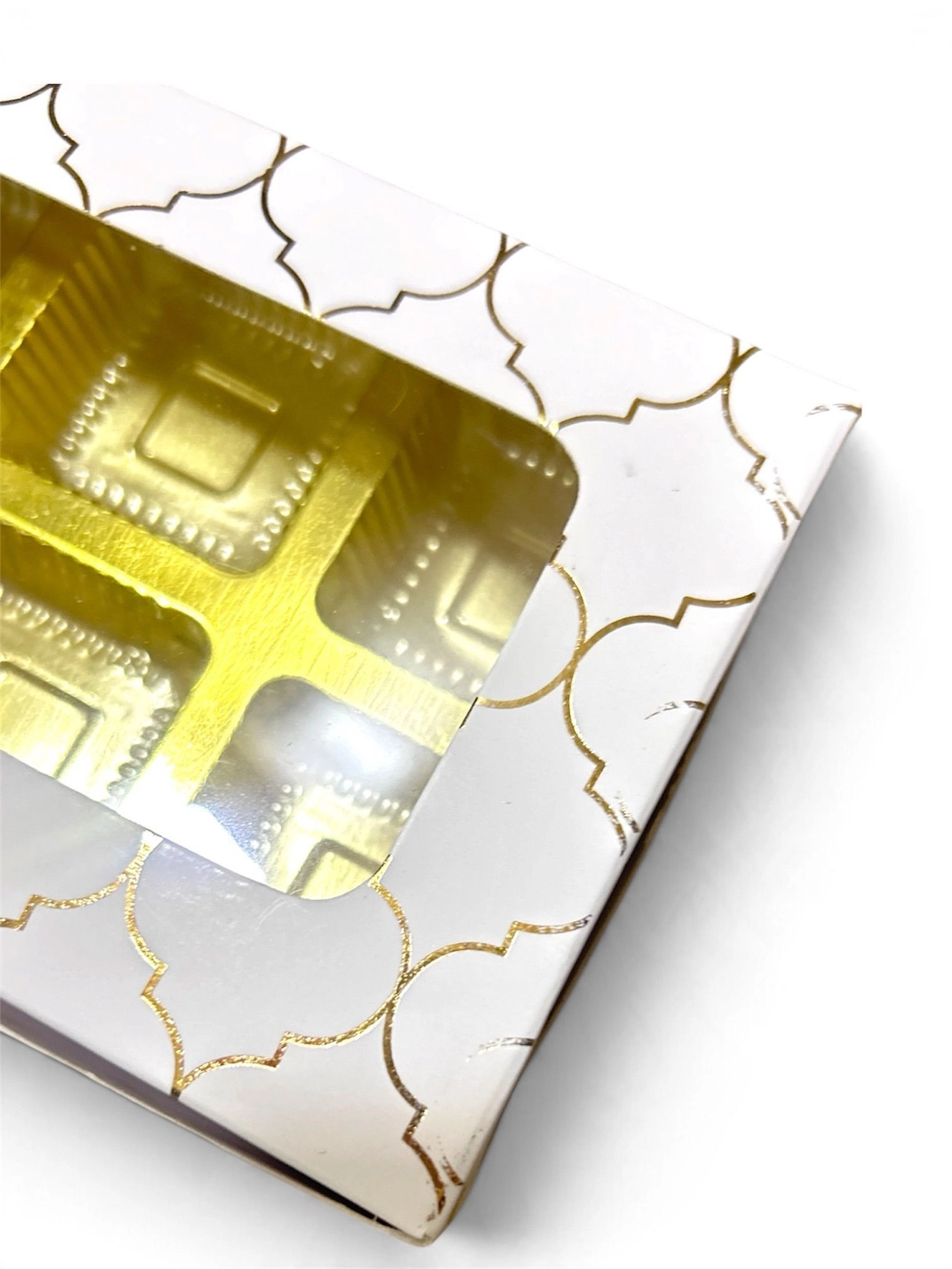 6 Cavity Chocolate Box with Cavity Tray White  and gold foiled Moroccan Design  10 pc Set 5