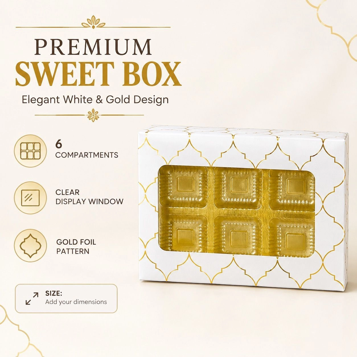 6 Cavity Chocolate Box with Cavity Tray White  and gold foiled Moroccan Design  10 pc Set 6