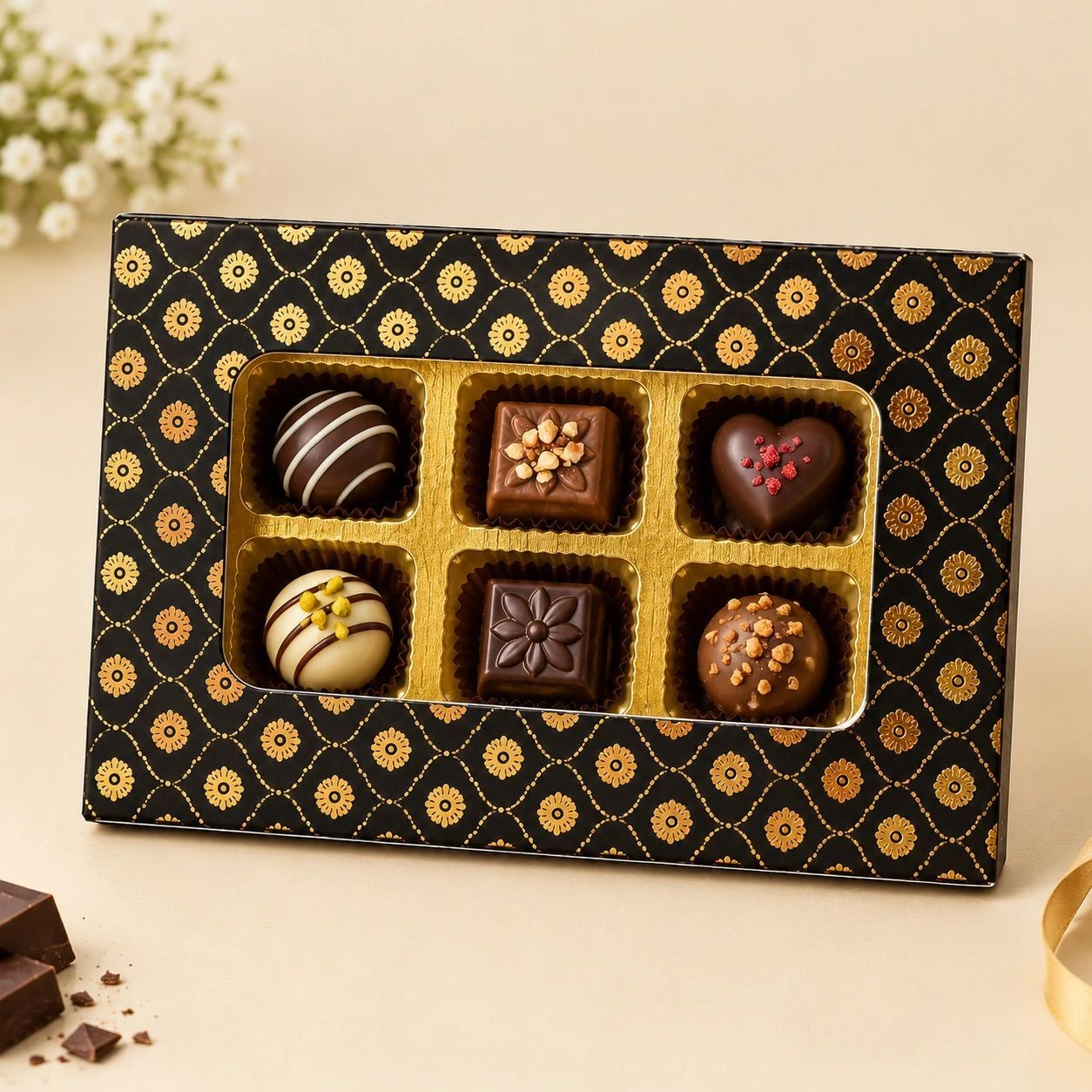 6 Cavity Chocolate Box Black with Gold print  with Cavity Tray 10 pc 1