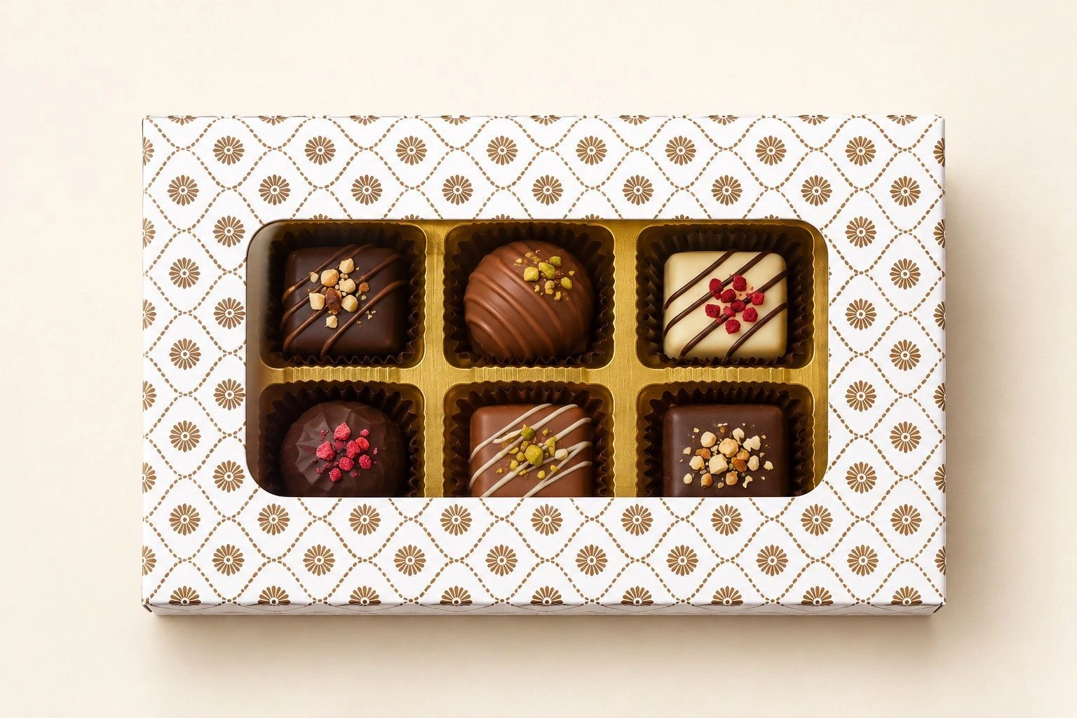 6 Cavity Chocolate Box white  with Gold print  with Cavity Tray 10 pc 1