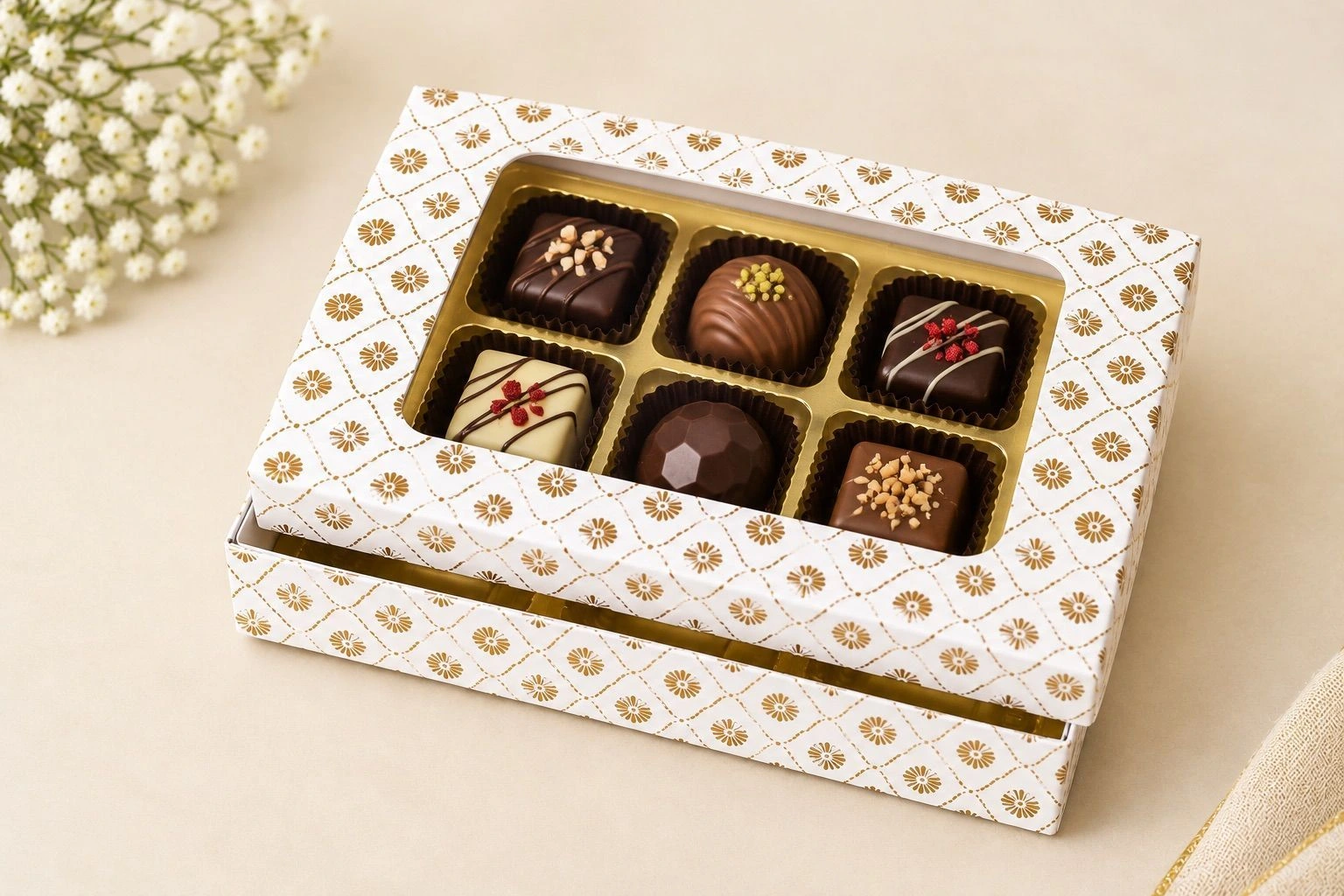 6 Cavity Chocolate Box white  with Gold print  with Cavity Tray 10 pc 2