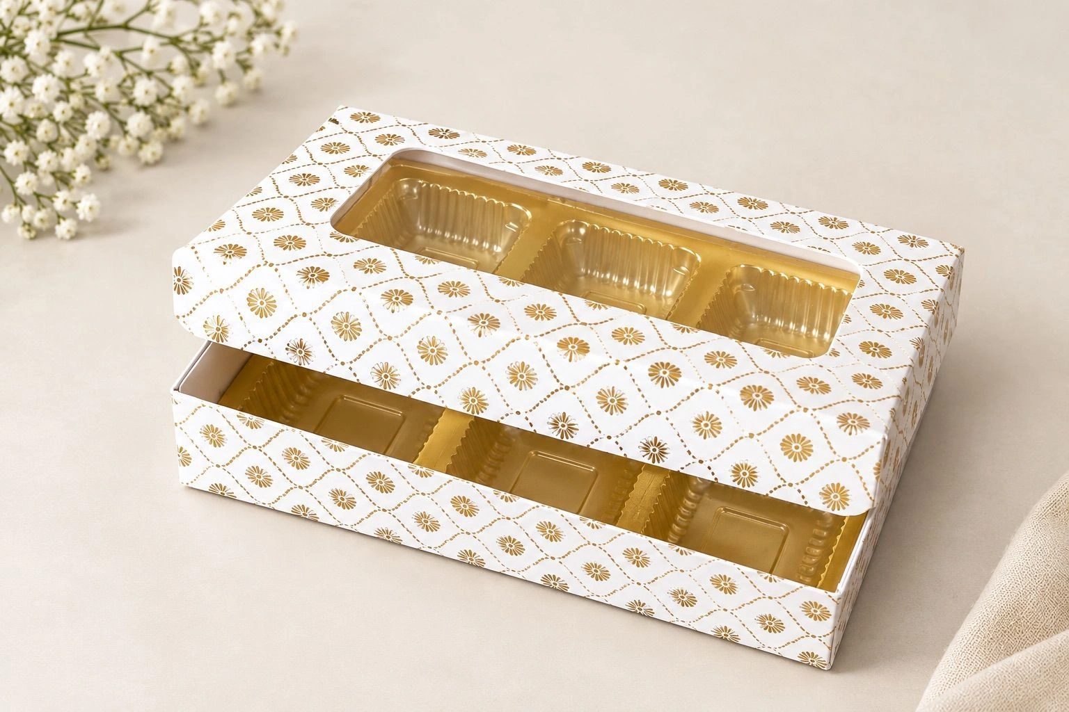 6 Cavity Chocolate Box white  with Gold print  with Cavity Tray 10 pc 3